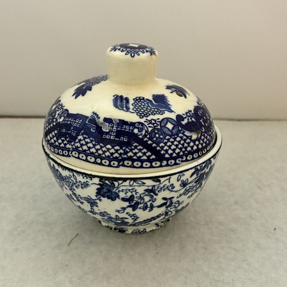 Vintage Round Belgiun Blue Willow Sugar Bowl with Original vented lid